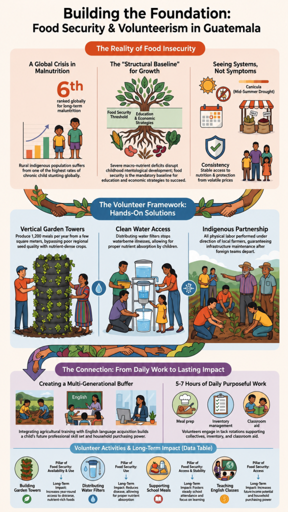 Infographic showing volunteer framework and strategies to improve food security volunteer Guatemala communities