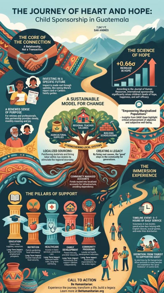 Infographic illustrating the journey and emotional benefits sponsoring child Guatemala through community support
