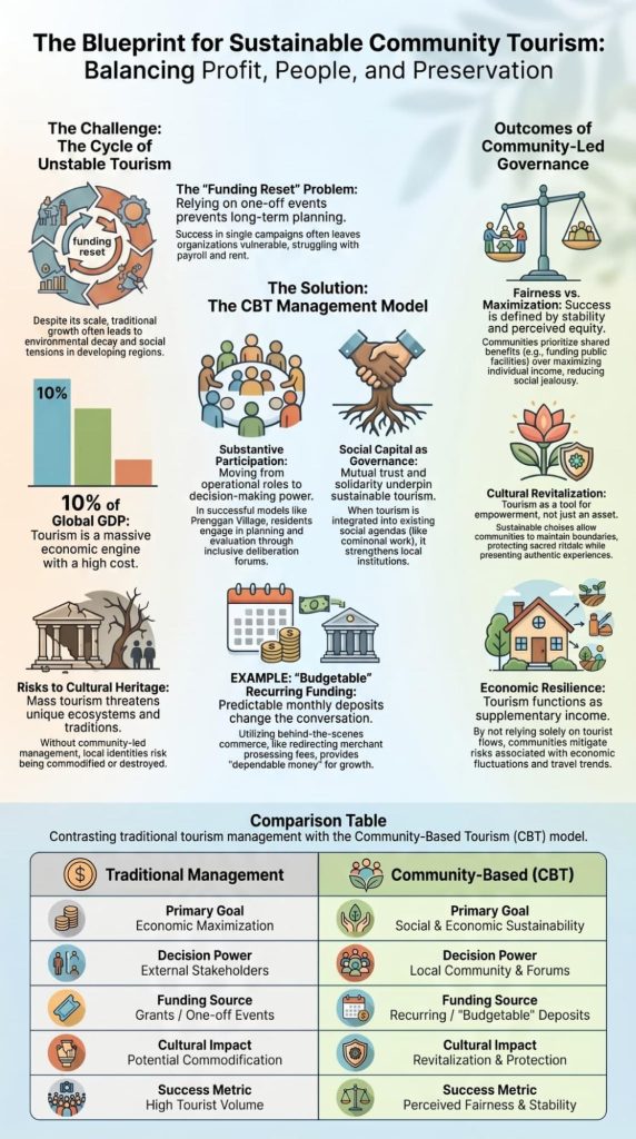 Infographic explains community-based tourism model relevant to ethical volunteer trips in Guatemala planning.