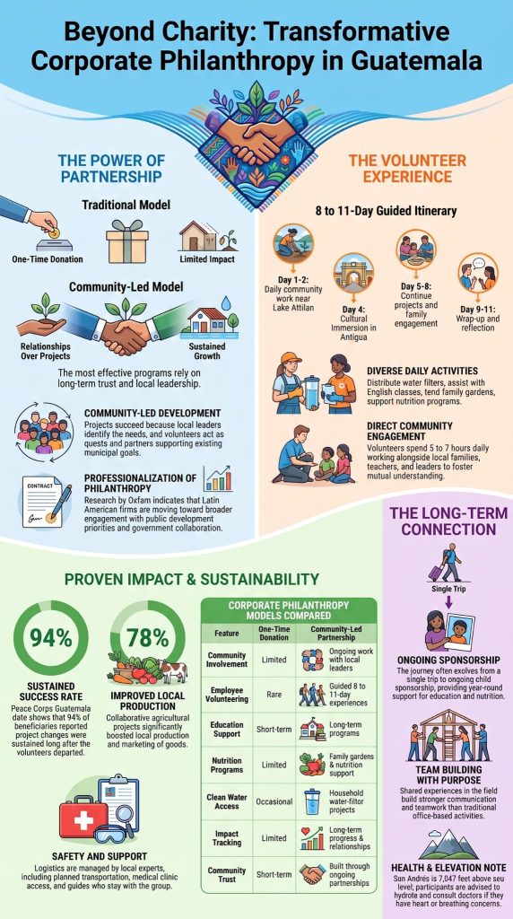 Corporate philanthropy volunteer projects Guatemala infographic comparing partnership models and impact