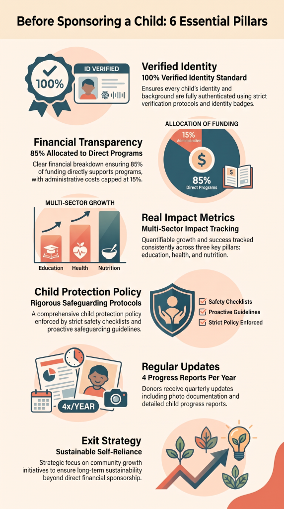 Infographic on six pillars to check before sponsoring, tied to the impact of child sponsorship funding.